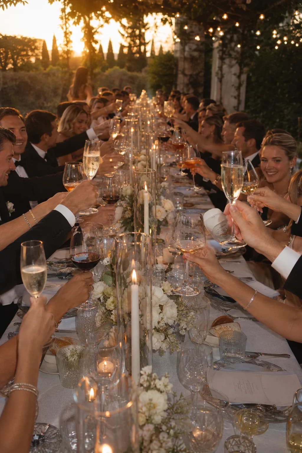 Guests toasting at a long candlelit table